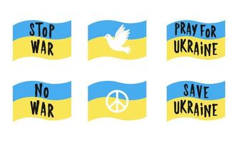 eine Reihe ukrainischer Flaggen mit blauen und gelben Farben. mit den worten - stoppt den krieg, kein krieg, betet für die ukraine, rettet die ukraine, taube und symbol des friedens. Abbildung in einem flachen Stil, isoliert auf einem weißen. vektor