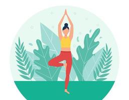 Ein Mädchen praktiziert Yoga im Park. das konzept von outdoor-yoga.yoga-kursen in der natur. flacher Stil. Mädchen in der Baumhaltung. eine weibliche zeichentrickfigur auf einem hintergrund aus laub und pflanzen. vektor