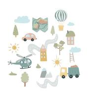 Vektor handgezeichnetes Set für Jungen. Cartoon-Hubschrauber, Autos, LKW. Illustrationen für Kinderplakate, Postkarten, Textilien.