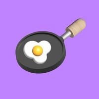 Bratpfanne mit Holzgriff 3 d mit Rührei auf violettem Hintergrund, realistische 3D-Darstellung von Bratpfannendesign, Teflon-Kochgeschirr, Bratküchengeräte, Kochwerkzeugkonzept, Vektor