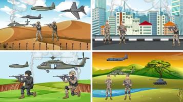 uppsättning av olika krigsscener för armén vektor