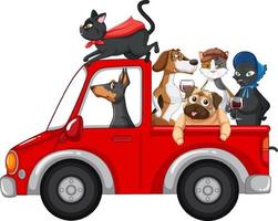 hunde und katzen, die ein auto auf weißem hintergrund fahren vektor