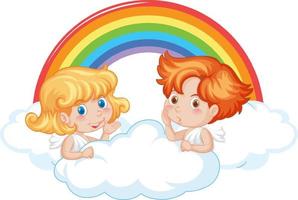 Engel Junge und Mädchen auf einer Wolke mit Regenbogen im Cartoon-Stil vektor