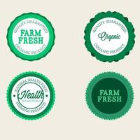 Vektor-Farm-Abzeichen-Set aus frischen organischen Elementen. etiketten im vintage-stil für natürliche lebensmittel und getränke, produkte, biodynamische landwirtschaft, auf naturhintergrund. sammlung 100 bio, öko, gesunde aufkleber vektor