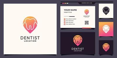 Zahnarztklinik-Logo und punktgenauer Standort mit negativem Raumkonzept und Visitenkarten-Design-Premium-Vektor