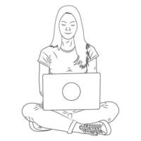 kvinna karaktär med laptop för målarbok. vektor illustration