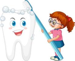 glückliche Kinder, die einen großen Zahn mit einer Zahnbürste auf weißem Hintergrund putzen