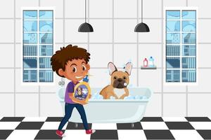 Ein Junge, der seine französische Bulldogge im Badezimmer wäscht vektor