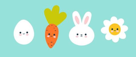 eine reihe süßer osterfiguren mit einem kaninchen und einer karotte. Ei und Kamille im Kawaii-Stil. vektorillustration für kinder vektor