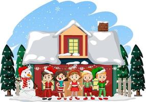 Weihnachtsthema mit Kindern, die vor einem Haus stehen vektor