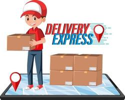 leverans express ordmärke med bud som levererar paket vektor