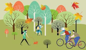 Menschen, die sich im schönen Herbststadtpark entspannen, Fahrrad fahren und kommunizieren vektor