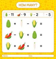 Wie viele Zählspiele mit Gemüse. arbeitsblatt für vorschulkinder, kinderaktivitätsblatt, druckbares arbeitsblatt vektor