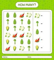 hur många räknar spel med grönsaker. kalkylblad för förskolebarn, aktivitetsblad för barn, utskrivbart kalkylblad vektor