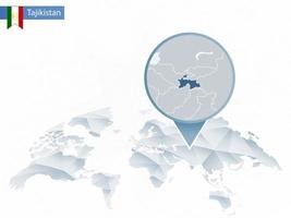 abstrakte abgerundete Weltkarte mit festgesteckter detaillierter Tadschikistan-Karte. vektor