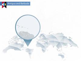 abstrakte abgerundete Weltkarte mit festgesteckter detaillierter Karte von Antigua und Barbuda. vektor