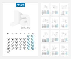 Kalender 2022, blaues Kreisdesign. Englische Sprache, Woche beginnt am Montag. vektor