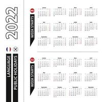 två versioner av 2022-kalendern på franska, veckan börjar från måndag och veckan börjar från söndag. vektor