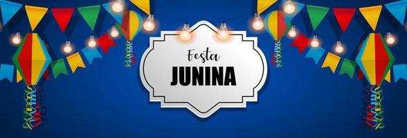 festa junina banderoll med färgglada vimplar och lyktor. juni brasiliansk festival benner vektor