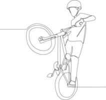 enkel kontinuerlig linjeteckning ung bmx ryttare hoppar på cykel. vektor illustration.