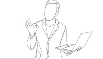 einzelne fortlaufende Strichzeichnung eines jungen Geschäftsmannes, der einen Laptop hält und auf weißem Hintergrund ok zeigt. eine Linie zeichnen Design-Grafik-Vektor-Illustration. vektor