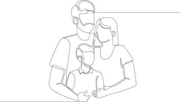enda kontinuerlig linjeteckning av porträtt av lycklig framgångsrik ung familj med son. en rad rita design grafisk vektorillustration. vektor