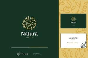 einfache blätter natur abgerundete form logo design mit visitenkartenvorlage vektor