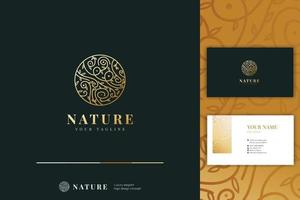 guld spiral träd lämnar naturen rundade mönster logotyp med visitkort formgivningsmall vektor