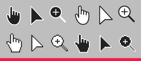 Schwarz-Weiß-Pfeil, Hand und Lupe Nicht-Pixel-Maus-Cursor-Symbole Vektor-Illustrationssatz.