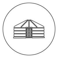 jurta av nomader bärbar ram bostad med dörr mongoliskt tält som täcker byggnadsikon i cirkel rund kontur svart färg vektorillustration platt stilbild vektor