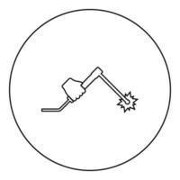 Schweißgerät in der Hand halten Elektrowerkzeug verwenden Arm mit Ausrüstung Funkenelektrode Symbol im Kreis runde schwarze Farbe Vektor Illustration solide Umriss Stil Bild