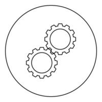 zwei Gänge Zahnrad Zahnradsatz Zahnräder in Arbeitsmechanismus Symbol im Kreis rund schwarz Farbe Vektor Illustration Bild Umriss Konturlinie dünnen Stil verbunden