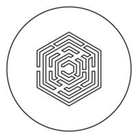 hexagonal labyrint hexagon labyrint med sex hörnikon i cirkel rund kontur svart färg vektorillustration platt stilbild vektor