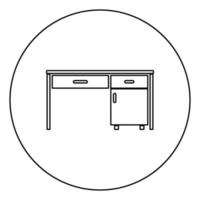 skrivbord företag kontor skrivbord skrivet bord arbetsplats på kontor koncept ikon i cirkel rund kontur svart färg vektorillustration platt stilbild vektor