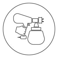 Sprühpistole, die in der Hand Sprüher mit Arm hält, verwenden Werkzeugzerstäuber-Pulverisierer-Symbol im Kreis, runde schwarze Farbe, Vektorgrafik, solides Umrissstilbild vektor