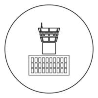 flygplatsens kontrolltorn flygplatsbyggnad flygkontrolltorn ikonen i cirkel rund kontur svart färg vektor illustration platt stil bild