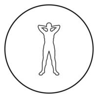 Konzept entspannen Sportler tun Übung Mann hält die Hände hinter dem Kopf Symbol schwarze Farbe Abbildung im Kreis rund vektor
