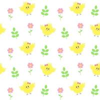 seamless mönster med söt fluffig kyckling baby, blommor och kvistar. vektor