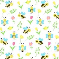 seamless mönster med söta bin, tulpaner, maskrosor, blommor och kvistar. vektor
