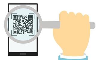 Überprüfung des Impfpasses per QR-Code. Eine Lupe in Ihrer Hand vergrößert den Code auf Ihrem Tablet oder Telefon. Wohnung. Vektor-Illustration vektor