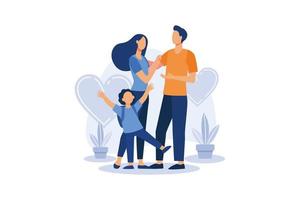 föräldraansvar platt modern designillustration. en lycklig familj, mamma pappa dotter son håller händerna och kramar, komplett välmående familj vektor