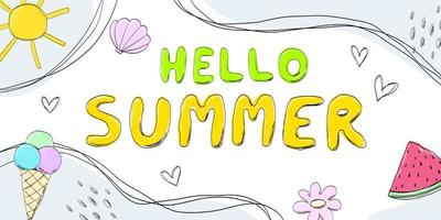 hallo sommerbanner, poster, tapete. Saisonwochenende, Ferienzeit. vektorisolierte illustration mit text, wassermelone, eis, abstraktion, herzen. vektor