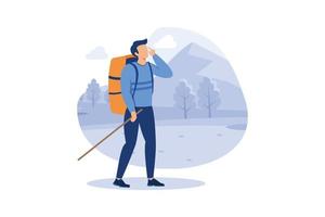 Mann mit Rucksack, Reisender oder Entdecker, der auf einem Berg oder einer Klippe steht und auf das Tal blickt. Konzept der Entdeckung, Erforschung, Wandern, Abenteuertourismus und Reisen. wandernde flache illustration vektor