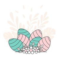 Osterkarte mit Eiern. frohe ostergrußkarte und schablonenvektorillustration. niedliches designlayout für einladung, karte, menü, flyer, banner, poster, gutschein. Eier und Hasenohren