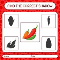 Finden Sie das richtige Schattenspiel mit Chili. arbeitsblatt für vorschulkinder, kinderaktivitätsblatt vektor