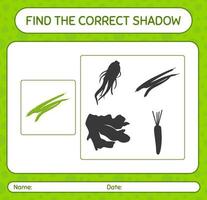 Finden Sie das richtige Schattenspiel mit grüner Bohne. arbeitsblatt für vorschulkinder, kinderaktivitätsblatt vektor