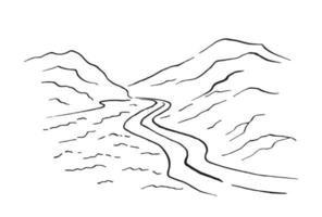 Landschaft mit Bergen und Wald. handgezeichnete illustration in vektor umgewandelt.