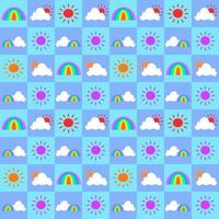niedliches nahtloses Fliesenmuster, Vektordesign. blauer Hintergrund mit Sonne, Wolken und Regenbogen in Kästen.. zur Verwendung als Papier-, Stoff-, Textildruckindustrie. vektor