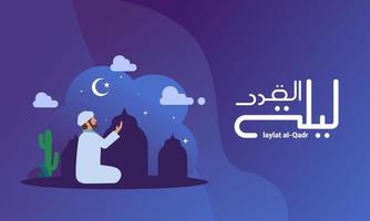 banner av laylat al-qadr, muslimsk man ber, med bakgrund av halvmåne, moln och stjärnor, översättning av den arabiska texten av laylat al-qadr, natt av dekret eller makt. vektor
