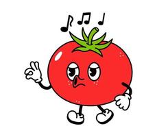 süßer lustiger tomatengeher singender charakter. Vektor handgezeichnete traditionelle Cartoon Vintage, Retro, kawaii Charakter Illustration Symbol
